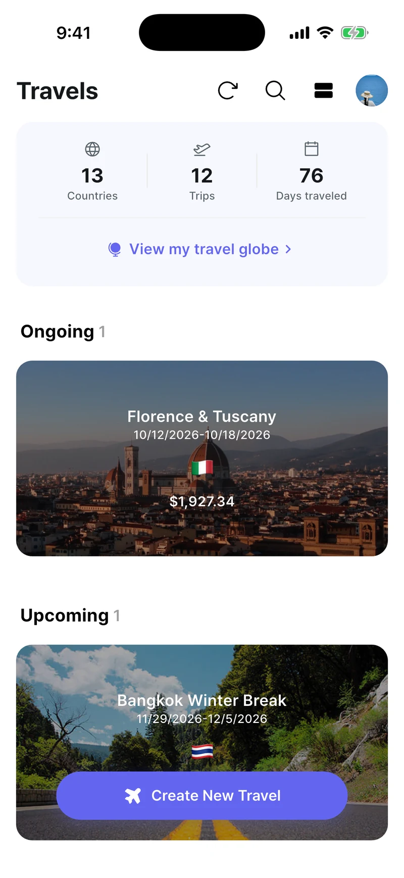 Home screen with travel stats and trips